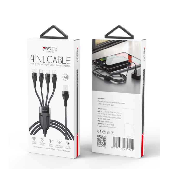 CA111 4-in-1 Multi Device Charger Cable – USB to 2 Type-C + 2 iPhone Connectors