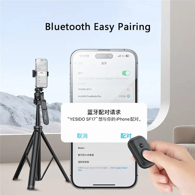 YESIDO SF17 Metal Selfie Stick Tripod with Remote – Retractable Phone & Camera Stand (Black)
