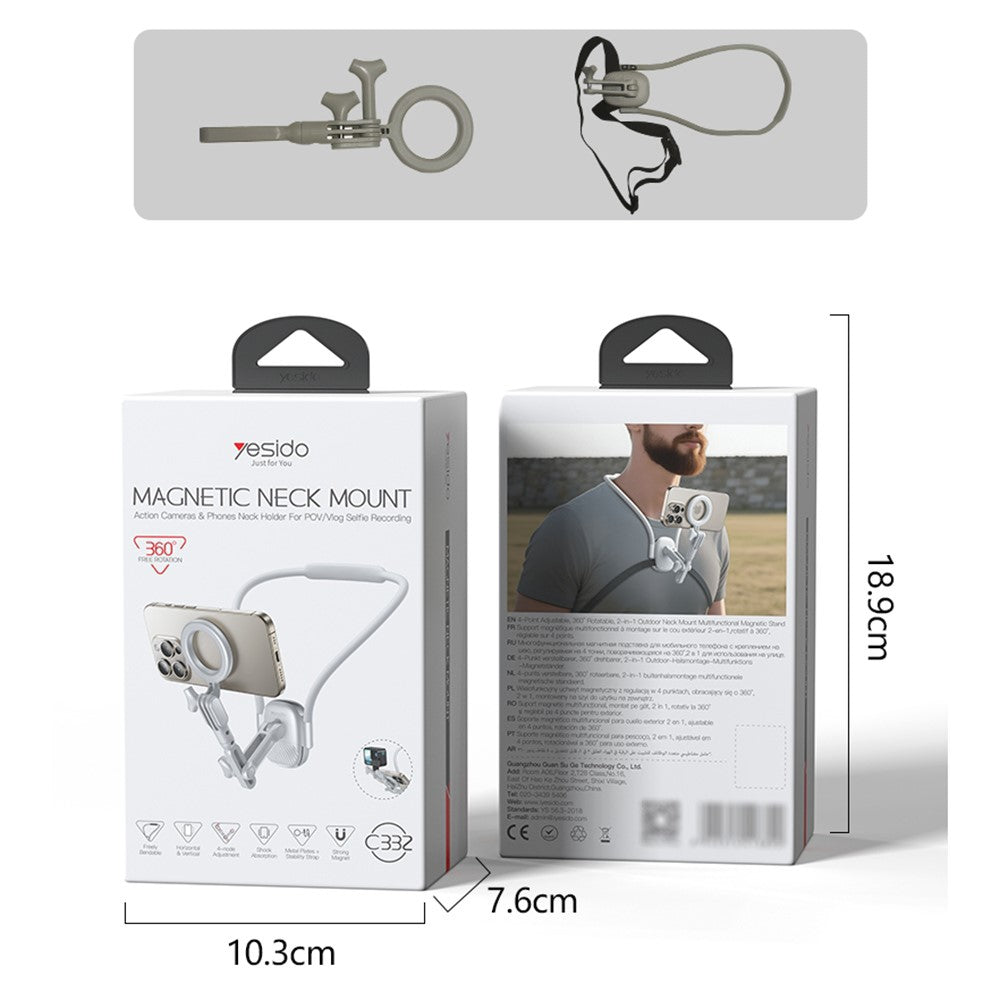 YESIDO C332 Neckband Bracket Anti Shake Foldable Magnetic Stand for Smartphone Action Camera