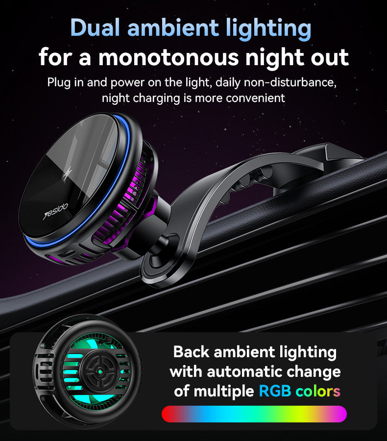 Yesido C311 Semiconductor Cooling Dual Ambient Lighting 15W Fast Charging Wireless Charger Car Phone Holder