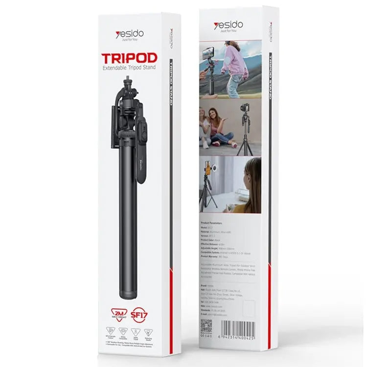 YESIDO SF17 Metal Selfie Stick Tripod with Remote – Retractable Phone & Camera Stand (Black)
