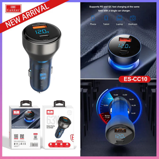 Earldom CC10 LED Digital Display Car Charger 63W – Ultra-Fast Charging On the Go
