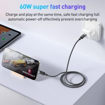 Yesido CA160 1.2M USB-C Cable 60W – Auto Power-Off Fast Charging (Black)