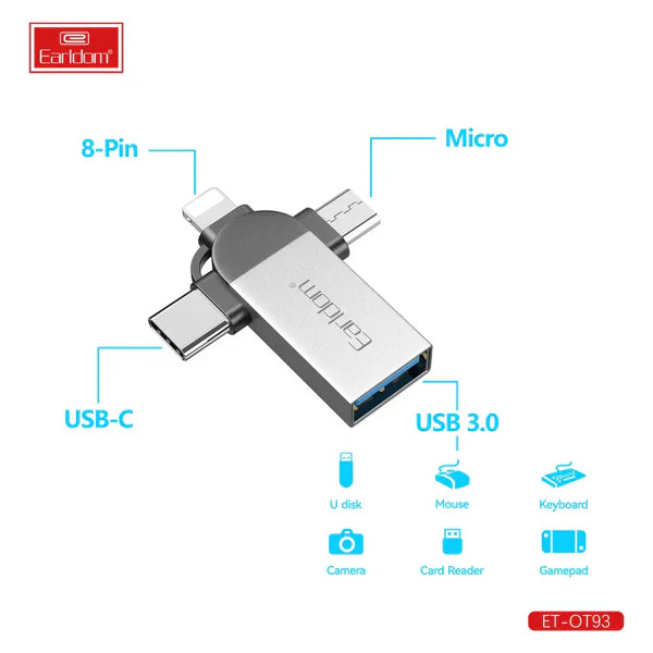 Earldom OT93 Multi-Port OTG Adapter – USB to iPhone, Micro USB & Type-C