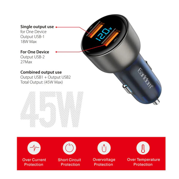 Earldom CC9 Fast Car Charger 45W with LED Digital Display