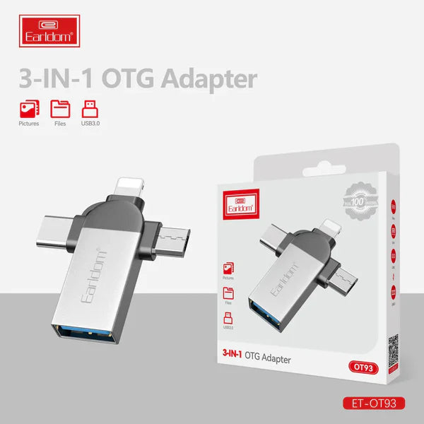 Earldom OT93 Multi-Port OTG Adapter – USB to iPhone, Micro USB & Type-C