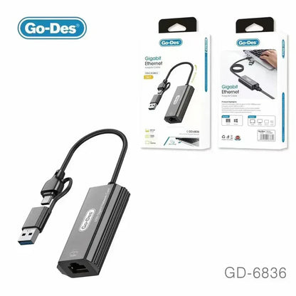 Go-Des GD-6836 1000Mbps RJ45 to USB-A & Type-C Ethernet Adapter Cable (60cm)