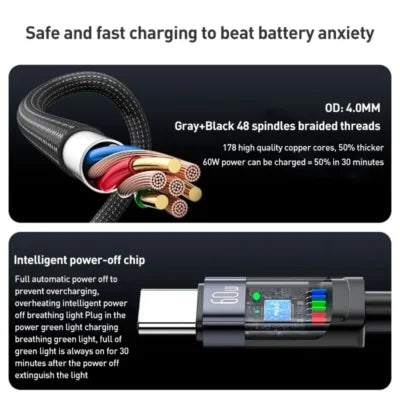 Yesido CA160 1.2M USB-C Cable 60W – Auto Power-Off Fast Charging (Black)