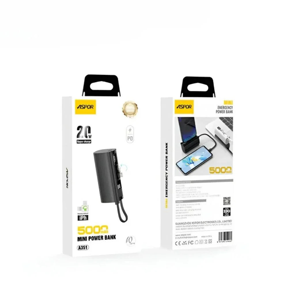 Aspor A351 Mini Power Bank 5000mAh – 22.5W Fast Charging Type-C & Lightning (Black)