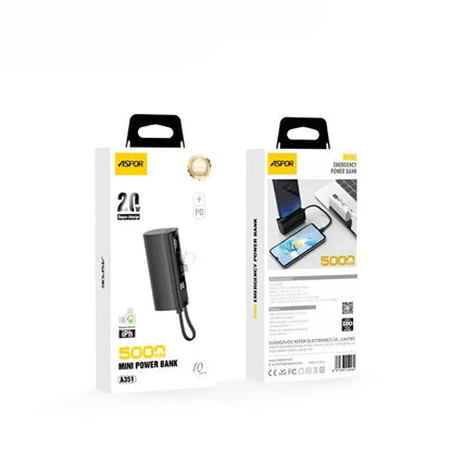 Aspor A351 Mini Power Bank 5000mAh – 22.5W Fast Charging Type-C & Lightning (Black)
