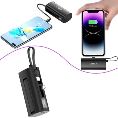 Aspor 5000mAh Pocket Power Bank – PD 22.5W Fast Charging (Type-C & Lightning)-White