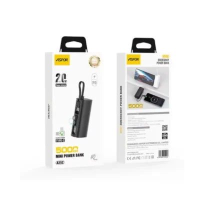 Aspor 5000mAh Pocket Power Bank – PD 22.5W Fast Charging (Type-C & Lightning)-White