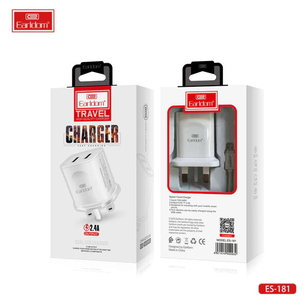 Earldom ES181 Compact Travel Charger & Cable Set – White