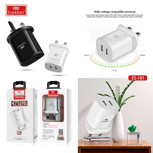 Earldom ES181 Compact Travel Charger & Cable Set – White