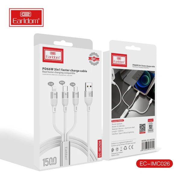 Earldom IMC026 Universal 3-in-1 PD Fast Charge Cable – White