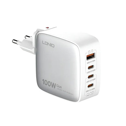 LDNIO 100W GaN Super Fast Charger UK Plug 1 USB 3 Type C Adapter Wall Mobile Phone Charger Q408 - White