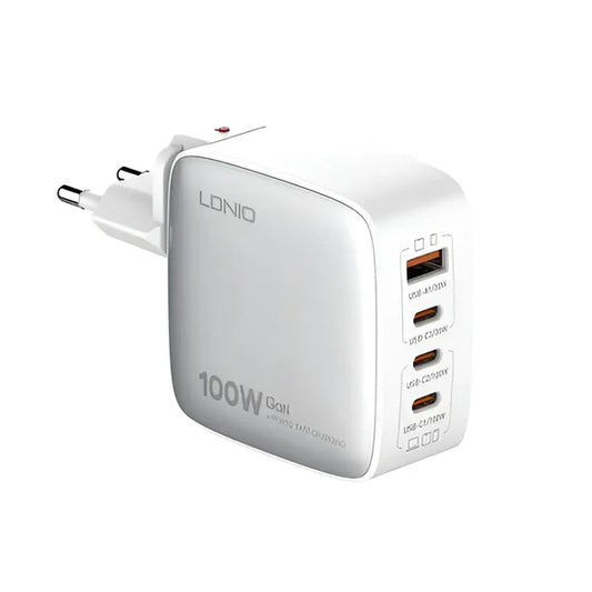 LDNIO 100W GaN Super Fast Charger UK Plug 1 USB 3 Type C Adapter Wall Mobile Phone Charger Q408 - White