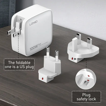 LDNIO 100W GaN Super Fast Charger UK Plug 1 USB 3 Type C Adapter Wall Mobile Phone Charger Q408 - White