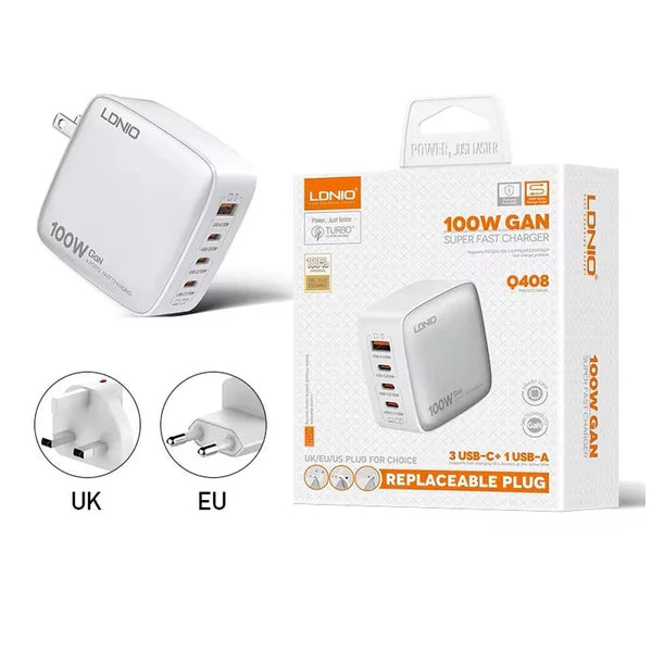LDNIO 100W GaN Super Fast Charger UK Plug 1 USB 3 Type C Adapter Wall Mobile Phone Charger Q408 - White