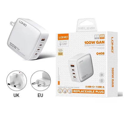 LDNIO 100W GaN Super Fast Charger UK Plug 1 USB 3 Type C Adapter Wall Mobile Phone Charger Q408 - White